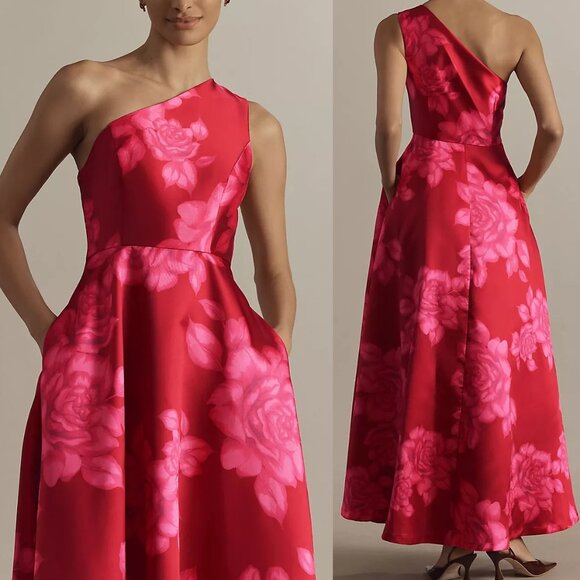 NEW HUTCH CASSANDRA ONE SHOULDER MAXI DRESS IN RED MIKADO SIZE S - Picture 2 of 11